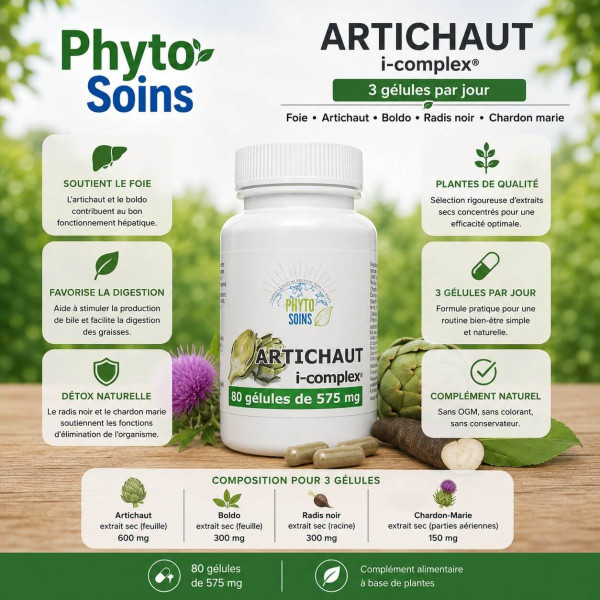 Artichaut, Boldo, Radis noir et Chardon Marie - Détox & santé hépatique - 60 gélules - Phyto-soins
