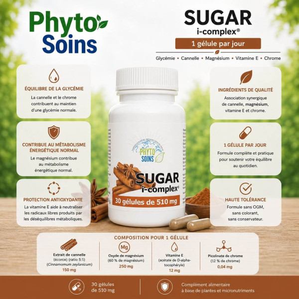 Sugar I-complex- Équilibre du Sucre - 30 gélules à base de Cannelle - Phyto-soins