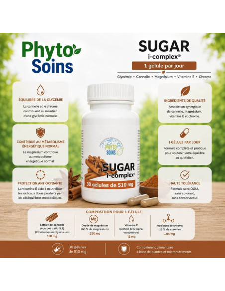 Sugar I-complex- Équilibre du Sucre - 30 gélules à base de Cannelle - Phyto-soins