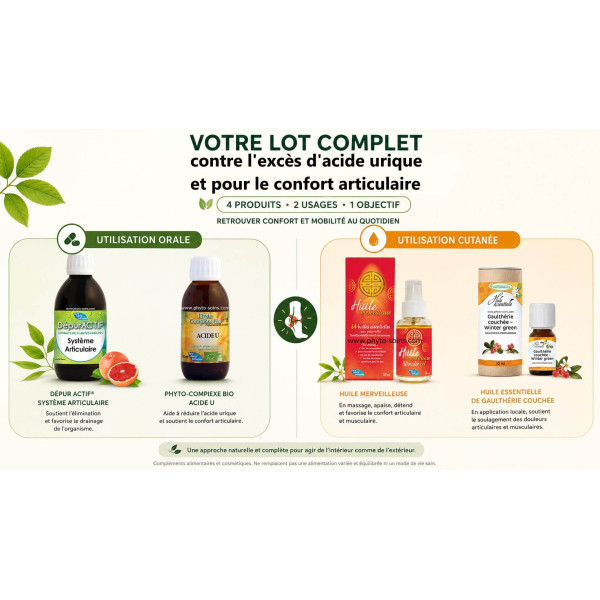 Lot de compléments alimentaires contre la crise de goutte et l'excès d'acide urique - Phyto-soins
