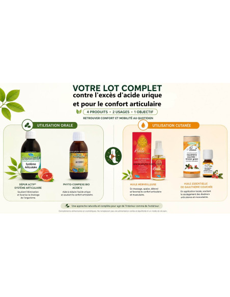 Lot de compléments alimentaires contre la crise de goutte et l'excès d'acide urique - Phyto-soins