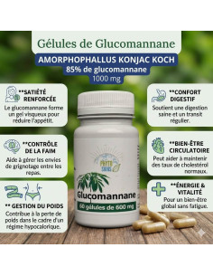 Gélules Glucomannane (racine de Konjac) - Poids et cholestérol - 60 gélules - phyto-soins