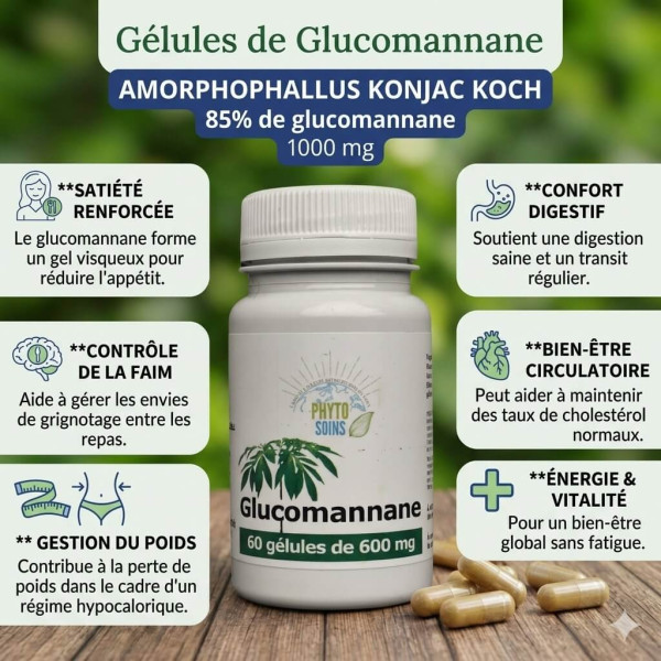 Gélules Glucomannane (racine de Konjac) - Poids et cholestérol - 60 gélules - phyto-soins
