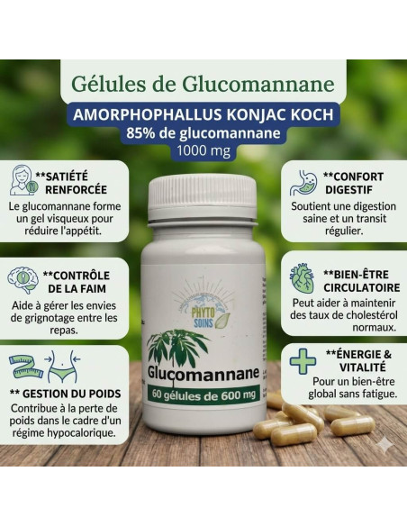 Gélules Glucomannane (racine de Konjac) - Poids et cholestérol - 60 gélules - phyto-soins