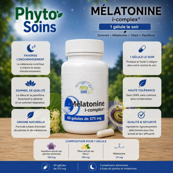 Mélatonine, tilleul et Passiflore- Sommeil et décalage horaire - 60 gélules - Phyto-soins