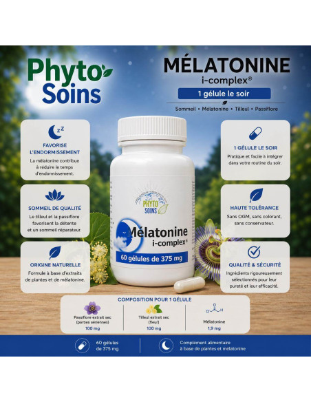 Mélatonine, tilleul et Passiflore- Sommeil et décalage horaire - 60 gélules - Phyto-soins