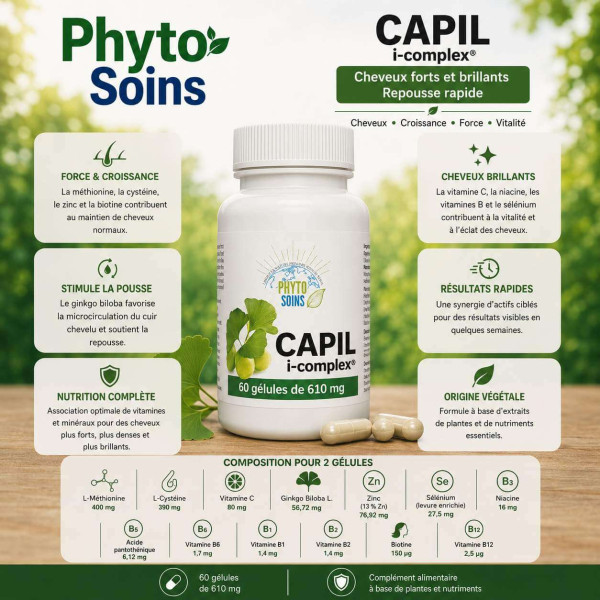 Gélules Capil i-complex- Force, croissance et vitalité des cheveux - 60 gélules - phyto-soins