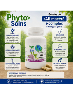 Capsules d'ail macéré 500mg - Santé cardiovasculaire - 110 ou 220 capsules - Phyto-soins