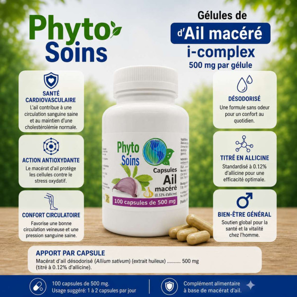 Capsules d'ail macéré 500mg - Santé cardiovasculaire - 110 ou 220 capsules - Phyto-soins