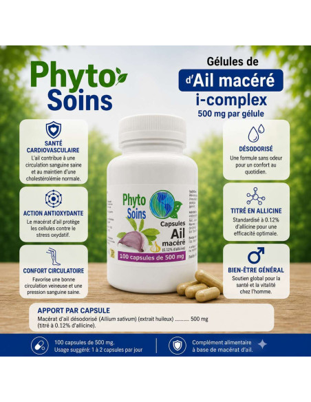 Capsules d'ail macéré 500mg - Santé cardiovasculaire - 110 ou 220 capsules - Phyto-soins