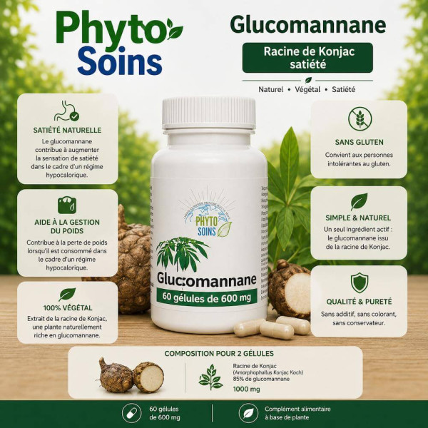 Gélules Glucomannane (racine de Konjac) - Poids et cholestérol - Phyto-soins