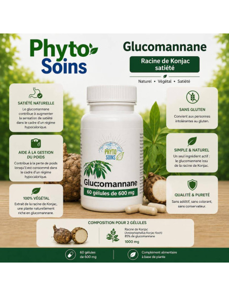 Gélules Glucomannane (racine de Konjac) - Poids et cholestérol - Phyto-soins
