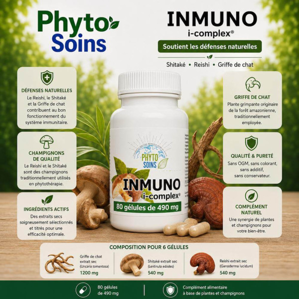 Gélules Immunité - Reishi, Shitaké et griffe de chat - 80 gélules - Phyto-soins