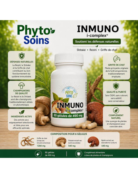 Gélules Immunité - Reishi, Shitaké et griffe de chat - 80 gélules - Phyto-soins