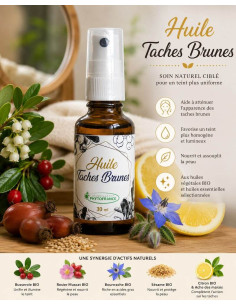 Huile Taches Brunes BIO Phytofrance par phyto-soins expliquée