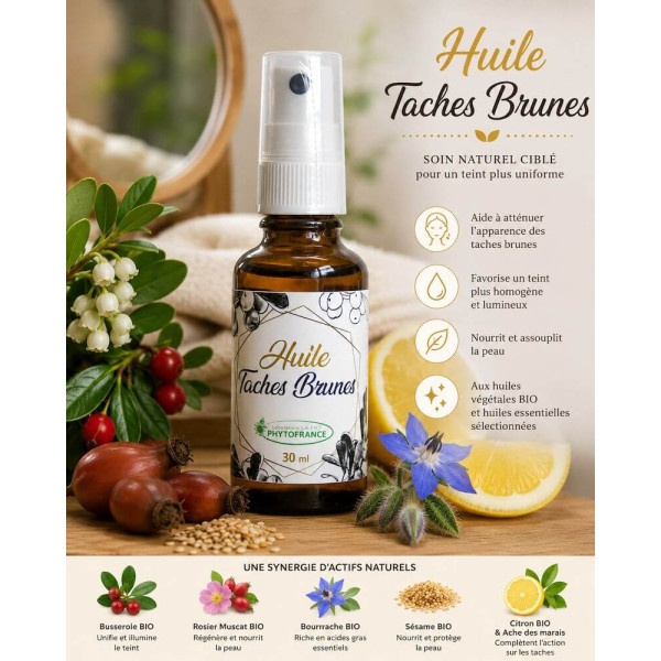 Huile Taches Brunes BIO Phytofrance par phyto-soins expliquée