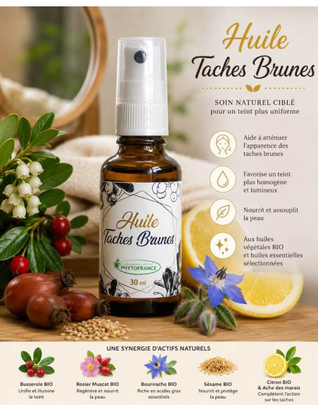 Huile Taches Brunes BIO Phytofrance par phyto-soins expliquée