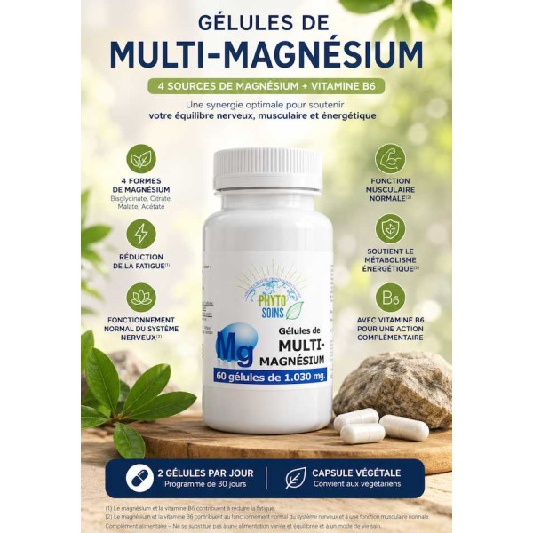 Gélules Multi-Magnésium: Bisglycinate, citrate, malate et acétate par phyto-soins