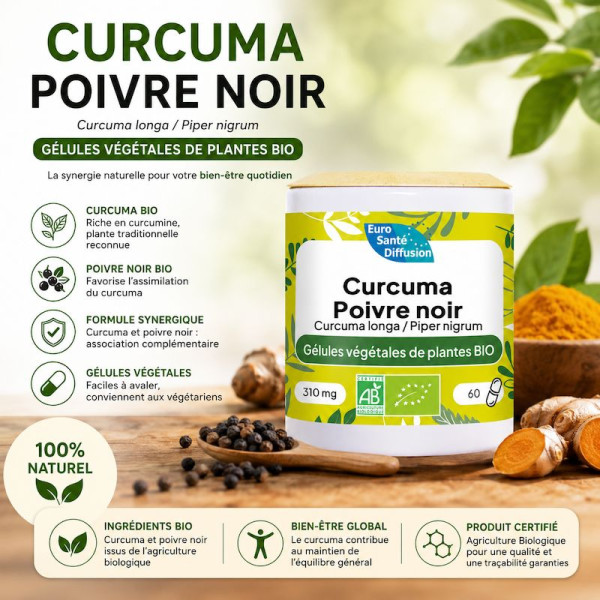 Boite de 60 ou 250 gélules de Curcuma - Poivre noir (Curcuma longa - Piper nigrum) 310mg BIO - Phytofrance par phyto-soins