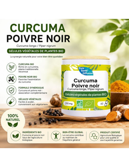 Boite de 60 ou 250 gélules de Curcuma - Poivre noir (Curcuma longa - Piper nigrum) 310mg BIO - Phytofrance par phyto-soins