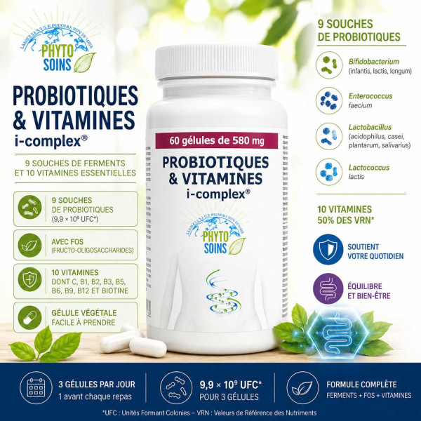 Probiotique i-complex: 9 souches et 9 vitamines pour le microbiote